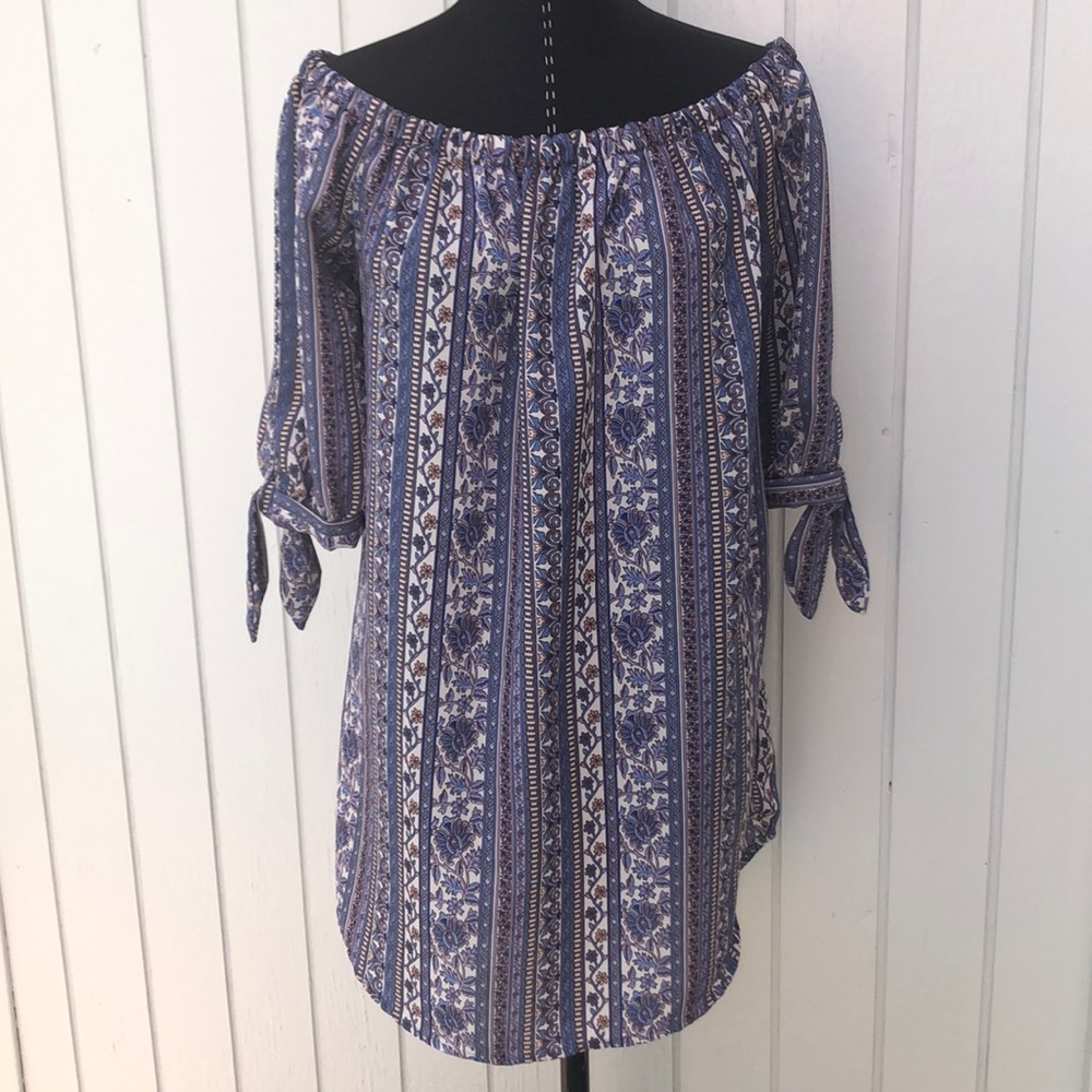 Indulge dress off the shoulder blue floral print large half sleeve